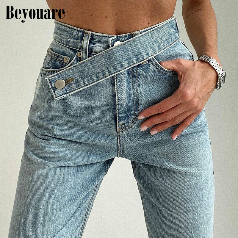 

Beyouare 2020 Autumn Fashion Women Jeans Pant Trousers Straight Loose Streetwear Denim Light Blue Casual Fake Sashes Jean Capris