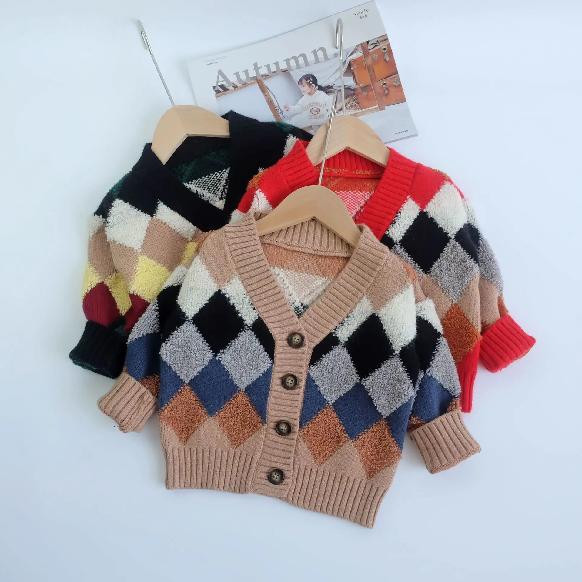 Autumn Winter Fashion Baby Girls Boys Coat Geometric Print Long Sleeve V Neck Single Breasted Knitting Cardigan 1-6Y