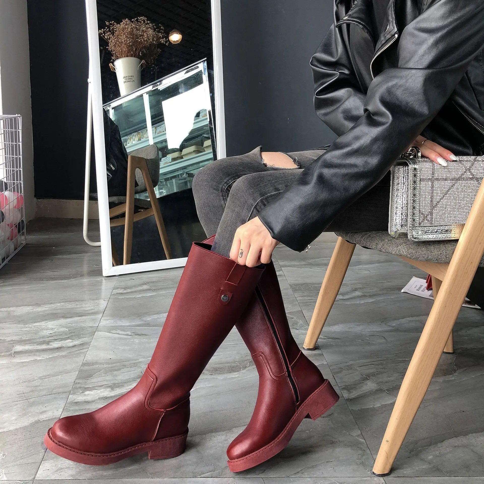 

Biker Boots Women's Good Lena Thigh Boot Versatile Leather Boot 2019 Autumn And Winter New Style Combat Boots High Boots Chunky