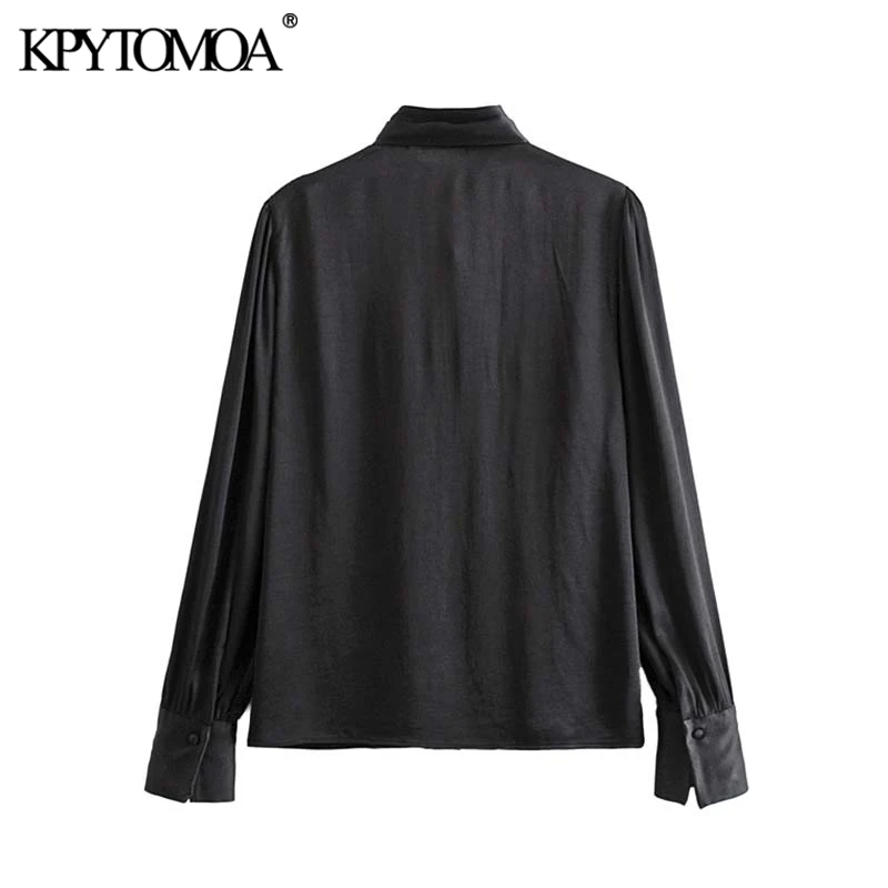 Vintage Stylish Office Wear Soft Touch Black Blouses Women Fashion Bow Tie Collar Long Sleeve Female Shirts Blusa Chic Tops