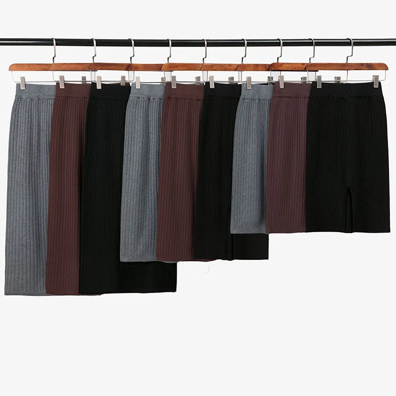 

Skirt Autumn And Winter New Style Mid-length One-step Skirt Wrapped Skirt Women's Knitted Overskirt Long Skirts Thick Slit Skirt