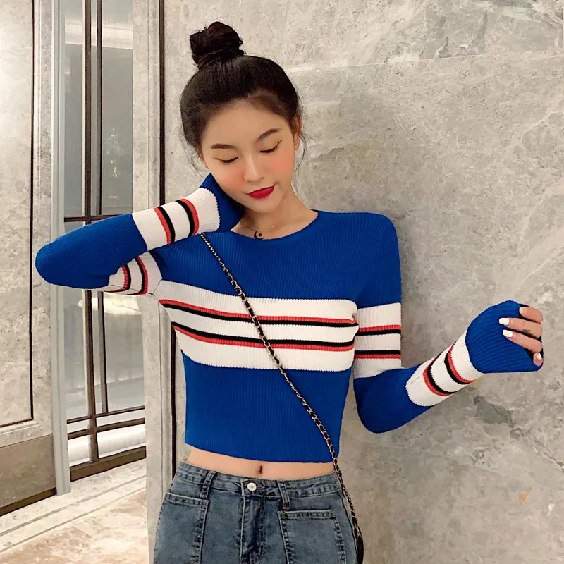 Autumn Winter Striped Sweater Women Knitted High Elastic Jumper Women Sweaters Pullovers Striped Female Ladies Tops