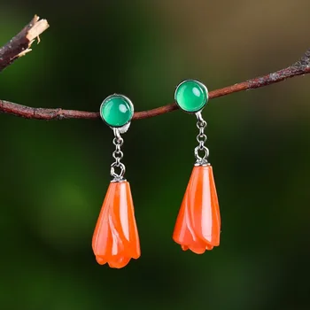 

Fashion Earrings S925 Pure Silver Ornaments Women's Yulan South Red Carve Patterns Or Designs On Woodwork Fine Earrings