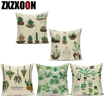 

Cotton Linen Decorative Throw Pillows Case Green Plants Potted Plants Cactus Succulents Pillow Cushion Cover for Living Room