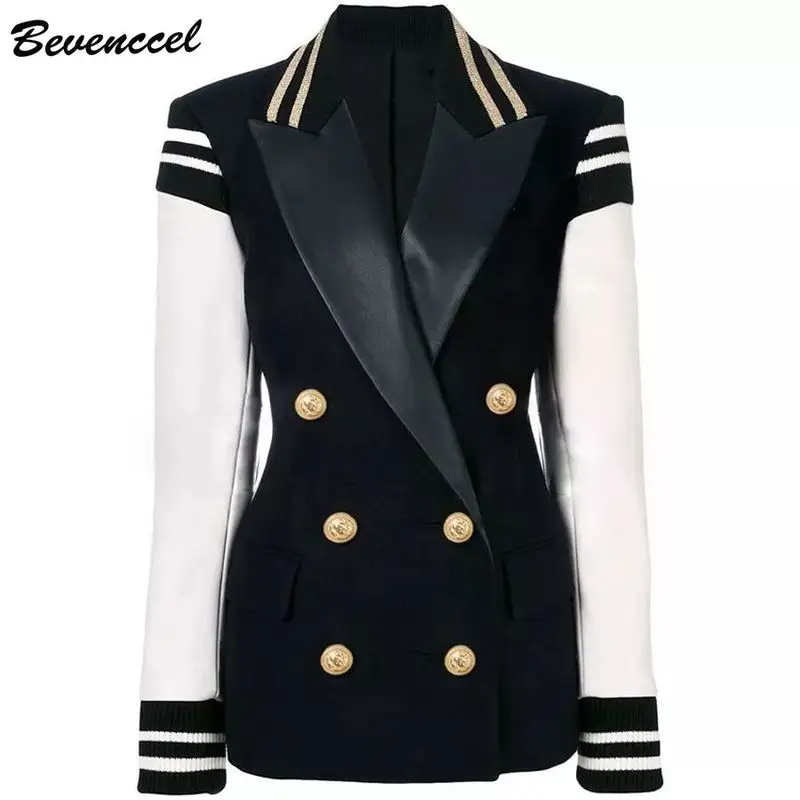 

Bevenccel Newest 2019 Winter Autumn Designer Blazer Women's Leather Patchwork Double Breasted Blazer Classic Varsity Jacket
