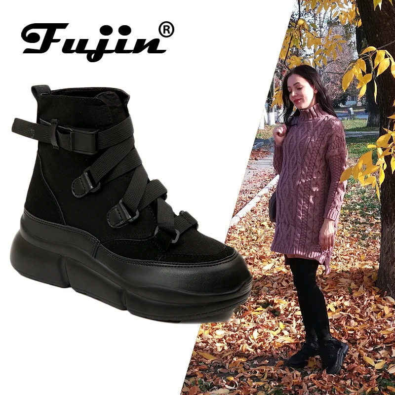 Baratos Fujin 2019 nueva llegada botines de mujer de lona anzuelo botas de plataforma de moda Punk botas negras zapatos planos botas de invierno