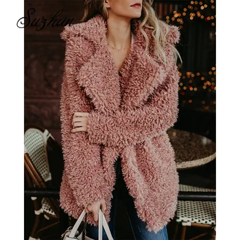 

Suzhan Fluffy Long Faux Fur Coat Women Thicken Winter Fake Fur Streetwear Pink Coat Female Fashion Streetwear Cardigan Outerwear