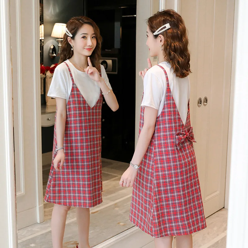 

Maternity Clothes 2019 Summer Wear Plaid Camisole Cotton Cloth Dress + Short Sleeve T-shirt Two-Piece Set