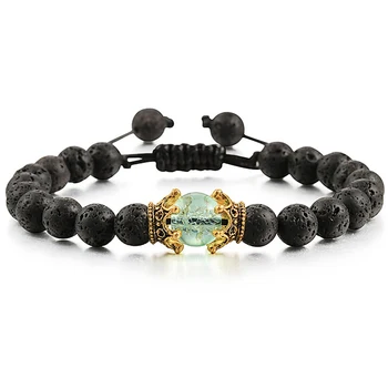 

New Adjustable Men Bracelet High Quality 8mm Natural Lava Stone Beaded Imperial Crown Charm Bracelets for Women Fashion Jewelry