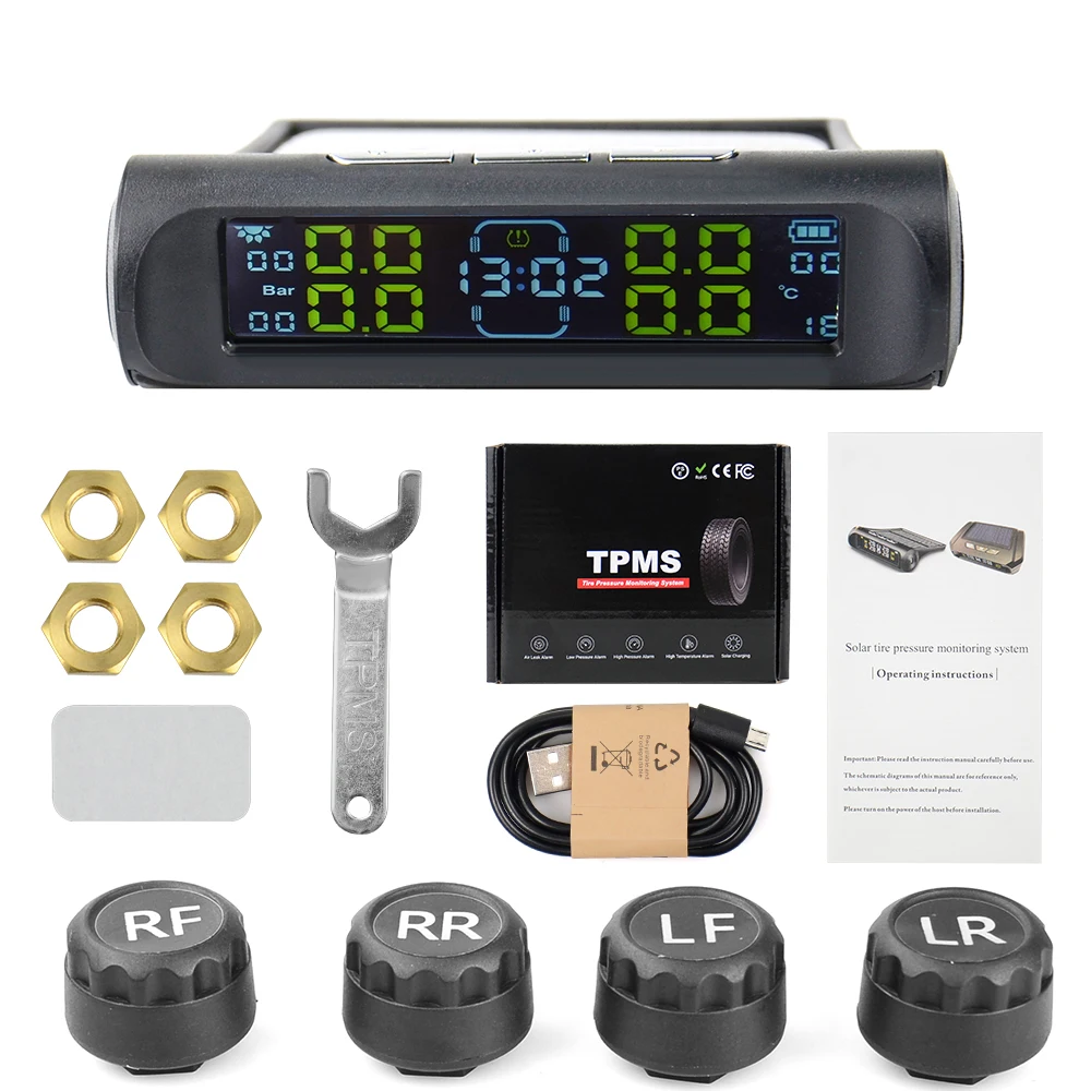 Universal TPMS Wireless Tire Pressure Monitoring System Solar Power Clock LCD Display 4 External Sensor Tire Pressure Sensors car tire pressure monitor car tire pressure sensor