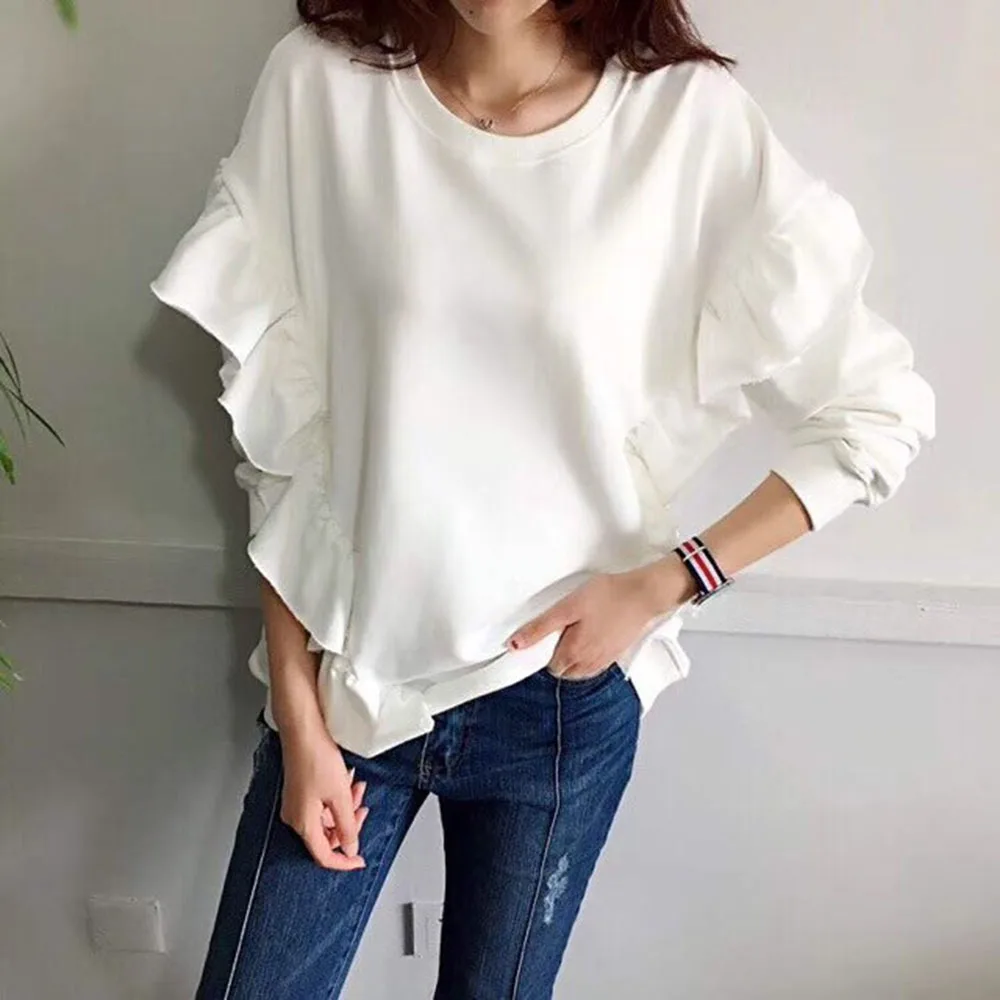 

Hoodie Women Spring Autumn Trainer Sweatshirts Frills Plain Simple Feminine Girly Women Japan Cute Tops Female Girl Pullover