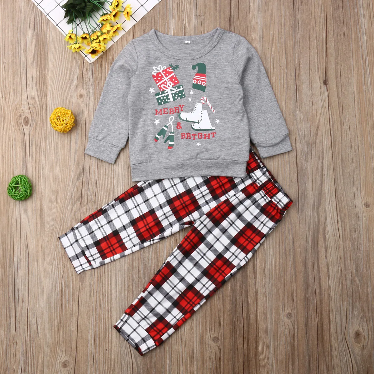 Рождественская одежда года для новорожденных мальчиков и девочек, Рождественская одежда, комбинезон, топ, футболка, клетчатые штаны, комплект праздничной осенней одежды