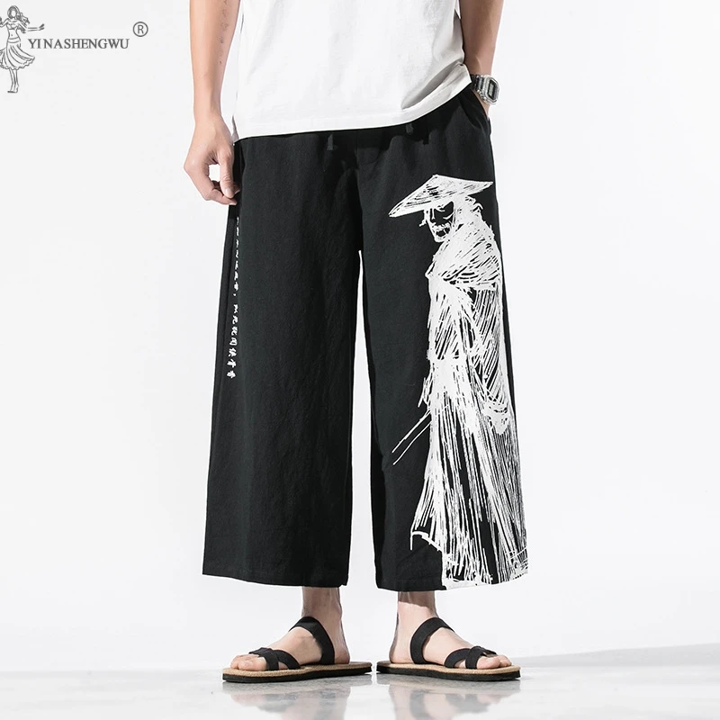

Harajuku Japanese Kimono Traditional Clothing Male Fashion Asian Streetwear Chinese Printed Retro Warrior Loose Cropped Pants