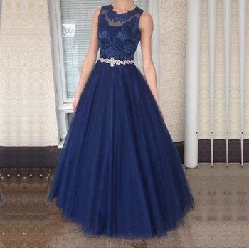 

Long Prom Dresses 2019 A-line Tulle Vestidos Largos de Fiesta Lace with Crystal Belt Dress for Formal Party