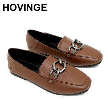 

HOVINGE autumn Fashion Women loafers shoes Metal Buckle Square Head Flat Bottom Peas Shoes Comfortable Women's Slip On Single