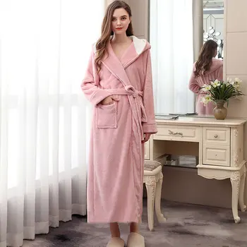 

Ladies Women Robe Dressing Gown Daily V Neck Thickened Home Long Sleeve Warm Hooded Autumn Winter Elegant With Pocket Waist Tie