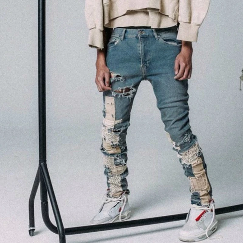 Washed Blue Slim Lace Jeans Deconstructed Patchwork Jogger Men Streetwear Washed Blue Slim Lace Jeans Deconstructed Patchwork Jogger Men Streetwear