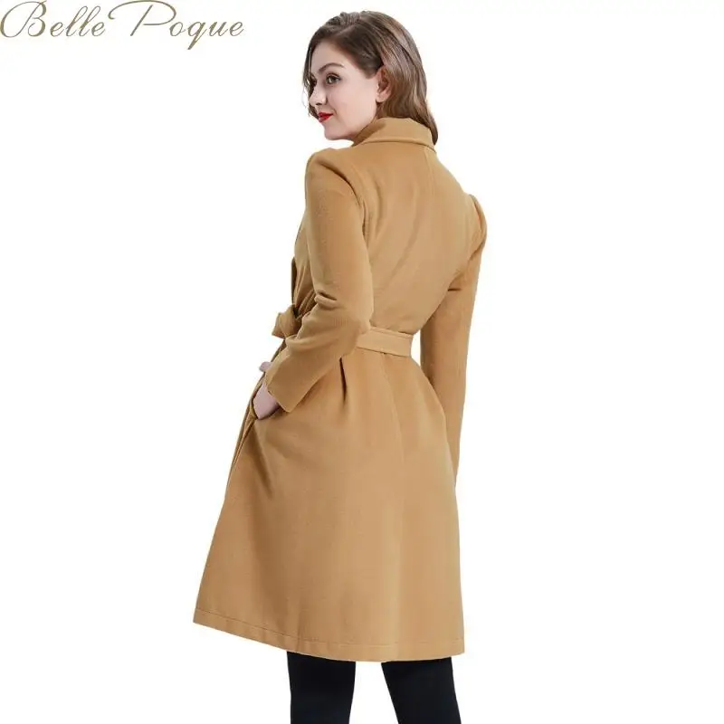 Belle Poque Элегантное длинное женское пальто с лацканами, 2 кармана, куртки с поясом, одноцветное пальто, женская верхняя одежда, зимние куртки