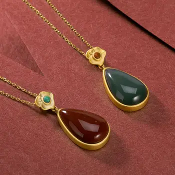 

New SNew Silver Inlaid Enamel porcelain Agate Stone Drop-shaped Pendant Necklace Charm Frosty High-grade Women's Brand Jewelry