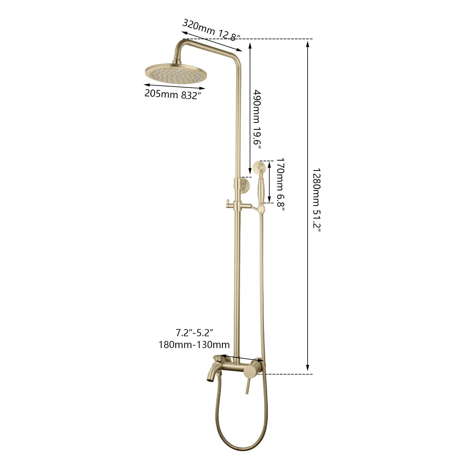 KEMAIDI Brushed Gold Shower Faucet In Wall 8" Stainless Steel Rainfall Bath Shower Set Swivel Bath Spout Bathroom Shower Column 2