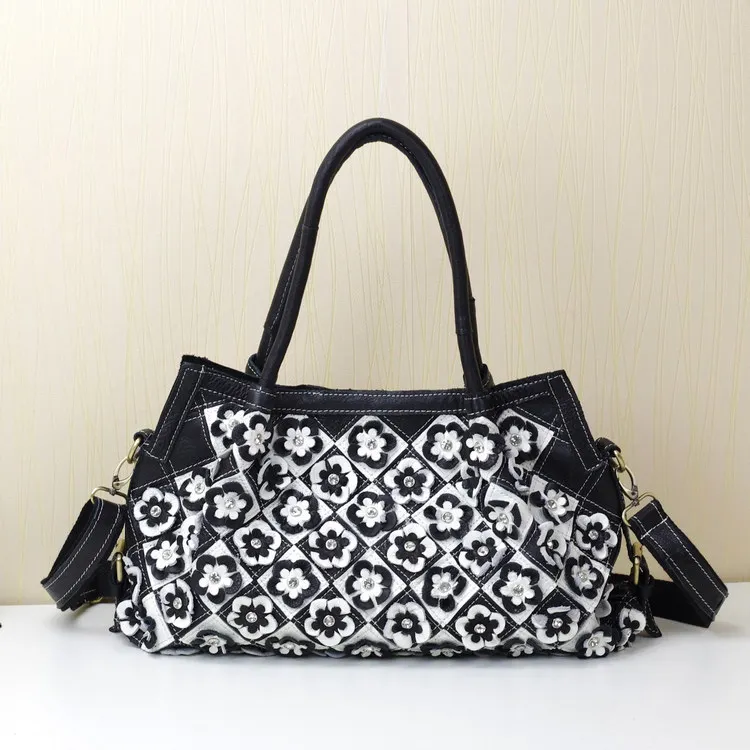 

Genuine Leather Fashion Black And White Stitching Plaid Cowhide Hand Shoulder Oblique Bag WOMEN'S Bag