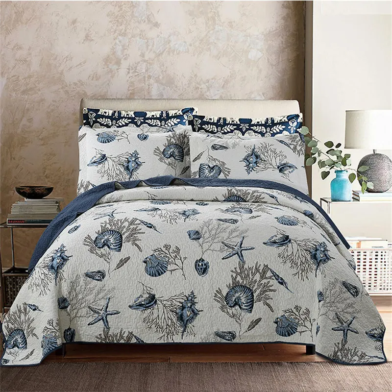 

Pastoral 100% Cotton Quilted Bedspread Printing Bed Cover Air Conditioning Summer Quilt Set Reversible Coverlet American 3-Piece