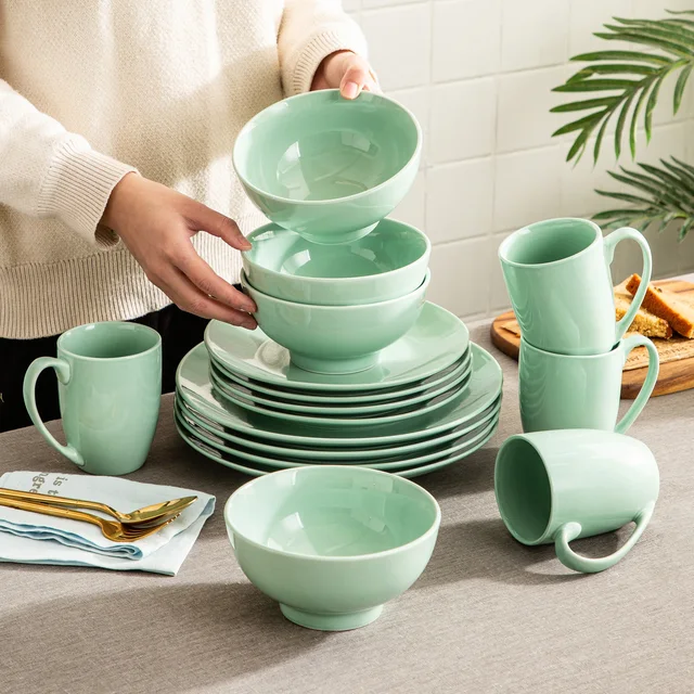 Lovecasa Ds 16/32/48 Darabos Fű Zöld Kerámia Porcelán Vacsora Tányérral, Desszert Tányér, Tál, Bögre Szett - Image 3