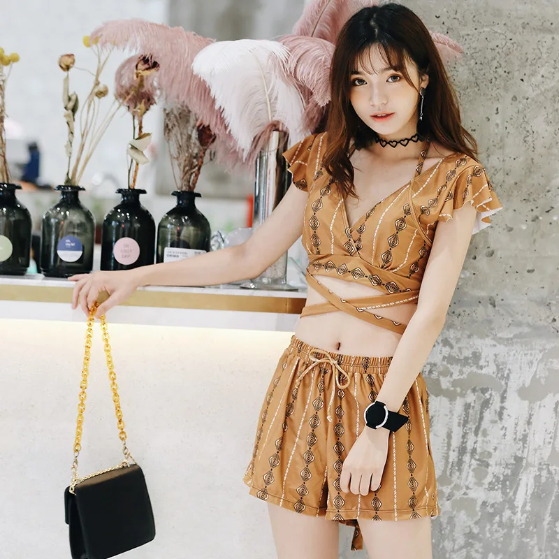 

Two-piece Swimsuits Women's Three-piece Set Bikini Skirt Belly Covering Conservative Slimming Small Bust Gathering Hot Springs T