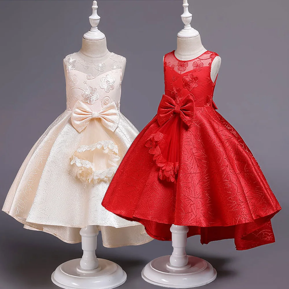 

Elegant Girls Embroidered Satin Dress Evening Prom Gowns Appliques Trailing Children Girls Frocks Birthday Wedding Party Dresses