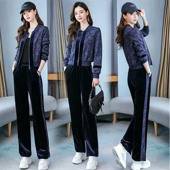 

High-quality spring Autumn 2-piece suit women's fashion slim lace stitching gold velvet coat top and long pants Women Set