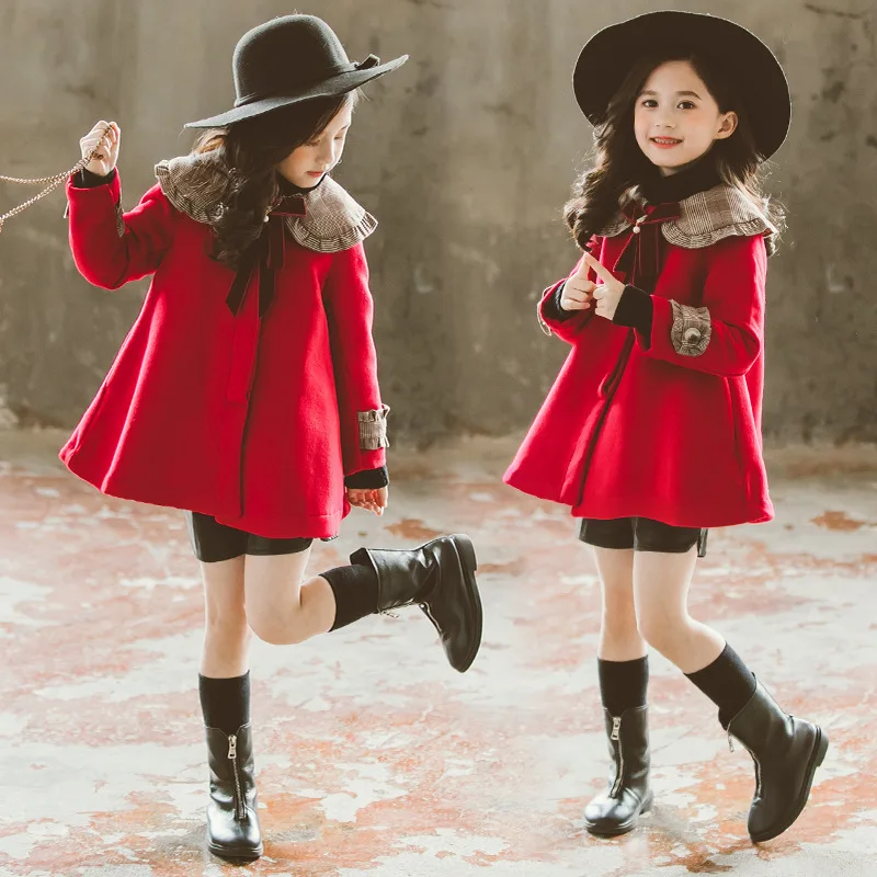 

2019 Winter Girls Wool Long Coat Kid's 4-13 Years Outerwear Clothes Thick Children Casual Turn-down Collar Plaid Woolen Jackets
