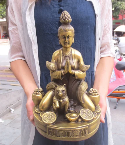China old brass Fox fairy Nine-tailed fox Fortune statue | Дом и сад
