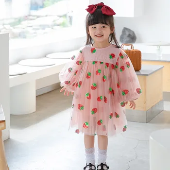 

2020 Children's Clothing Women's Autumn Children's Tulle Skirt Strawberry Sequined Baby Princess Dress Long-Sleeved Girl's Dress
