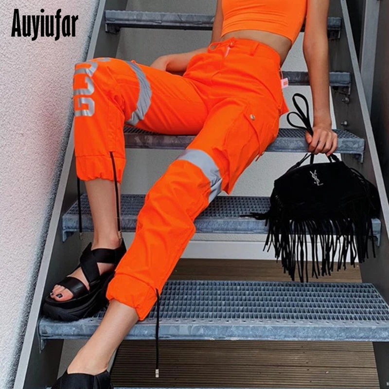 Auyiufar неоновые Светоотражающие женские брюки-карго с высокой талией и буквенным принтом осенние уличные повседневные обтягивающие Брюки с карманами