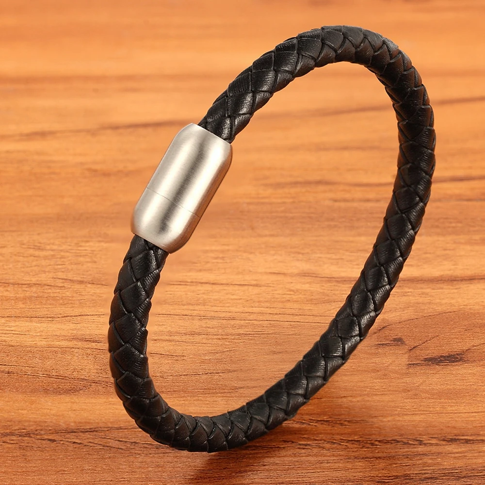 Fashion Simple Style Stainless Steel Men’s Leather Bracelet Multi-color Black Leather Bangle For Boys Handsome Birthday Gift