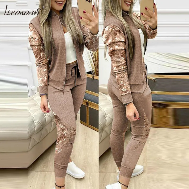 

Autumn Winter Two Piece Outfits for Women Fashion Sequins Zipper Coat Tops Drawstring Pants Set Casual Tracksuit Sweat Suits