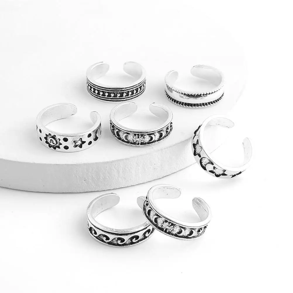 Ring Set Retro Alloy Foot Rings Women's Fashion Carved Hollow Opening 7pcs/set