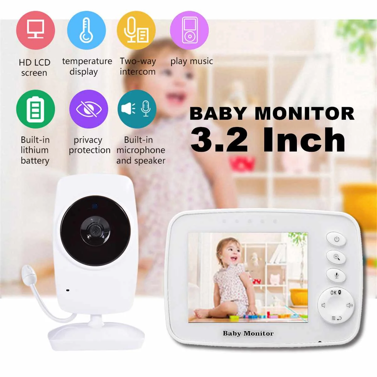 Children Monitor Wireless Digital Video Kids Baby Sleeping Monitor LCD Display Screen Audio Video Receiver Night Vision Home