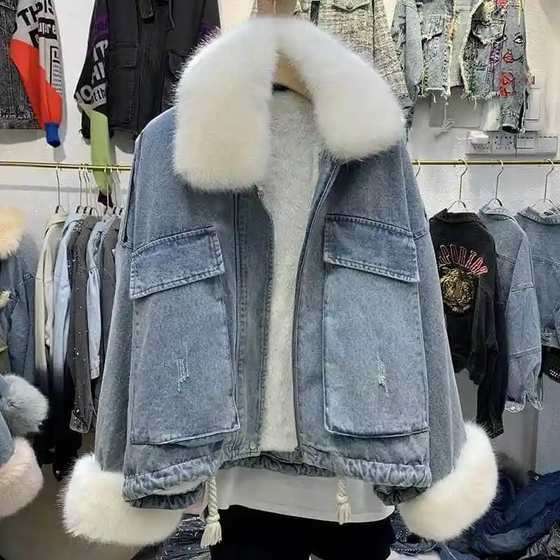 NiceMix джинсовая куртка с воротником из искусственного лисьего меха, зимнее женское Свободное пальто, короткое меховое пальто, джинсовый съемный мех кролика, толстая подкладка - Цвет: blue wgrey collar