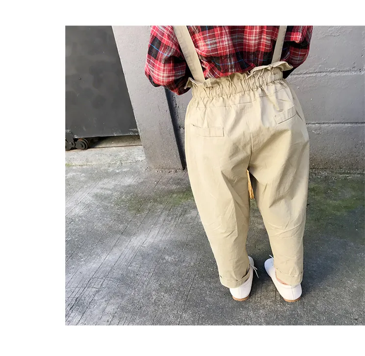 new autumn item girl fashion suit including plaid shirt+suspender pant 2pcs per set