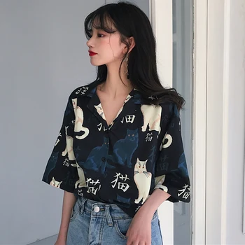 

Cartoon Cat Print Lapel Women Shirt Female Loose Harajuku Blouses Loose Lady Casual Long-sleeved Shirt