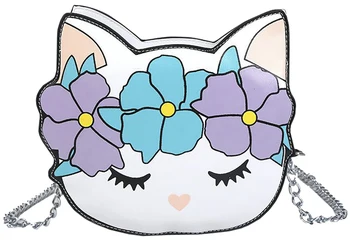 

QZUnique Women's PU Leather Handbag Cute Cat Crossbody Bag Zipper Shoulder Bag Printed Flower Purse White