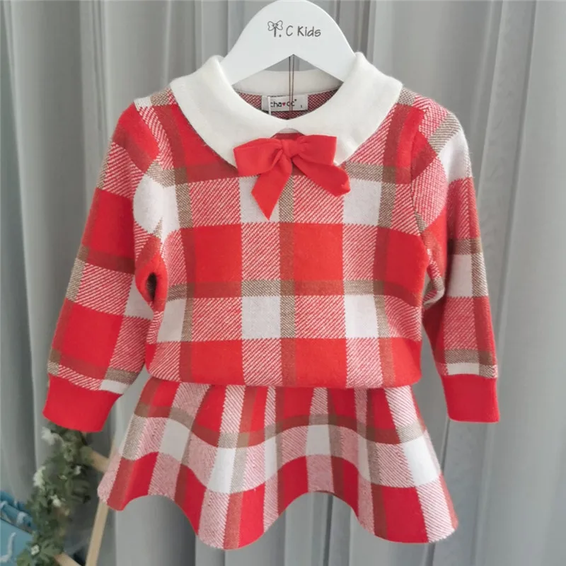 

kids clothes set plaid pattern autumn winter knitted clothing set sweet baby clothes