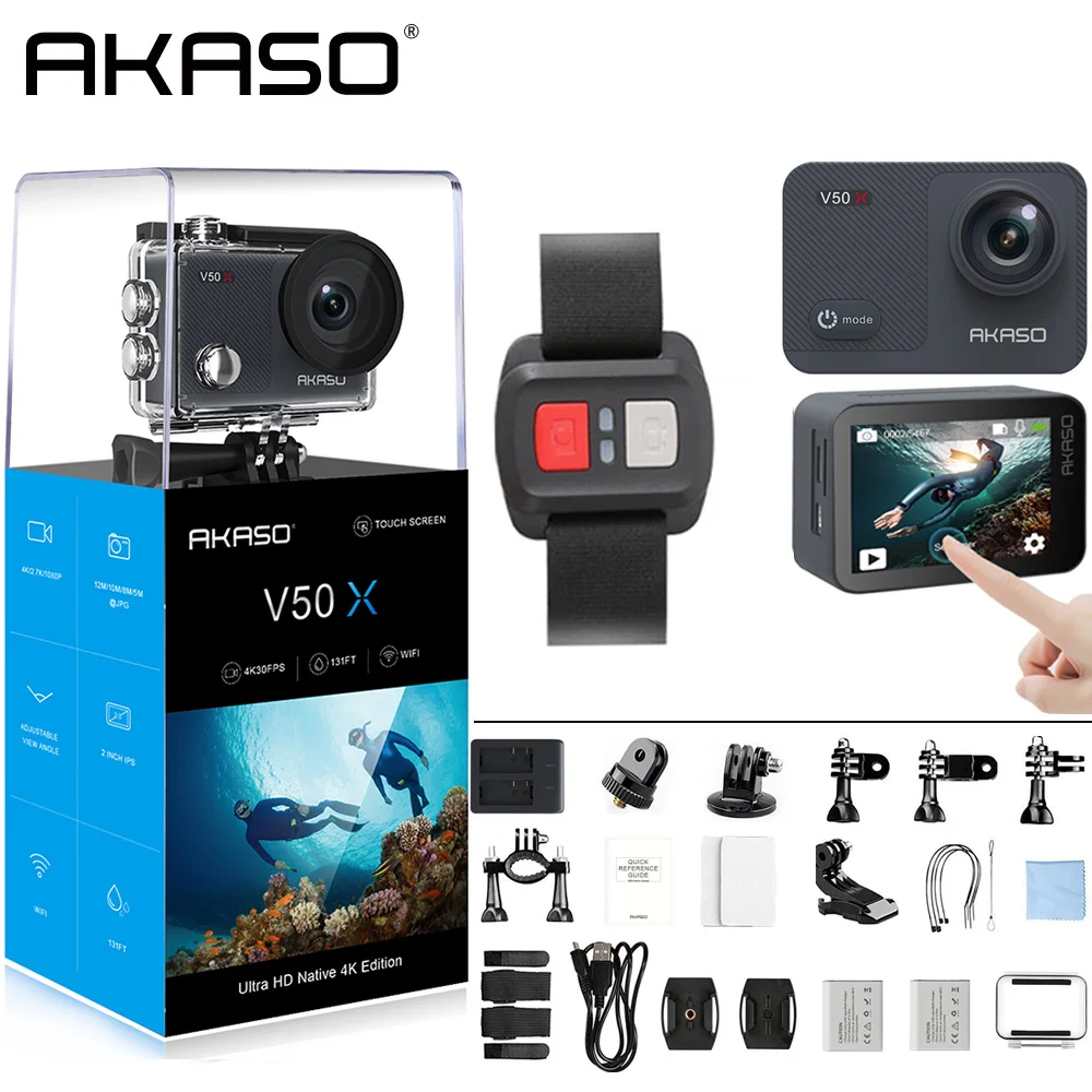 

AKASO V50X WiFi Action Camera Native 4K/30fps with 2'' EIS Touch Screen 131 Feet Waterproof Camera Remote Control Sports Camera