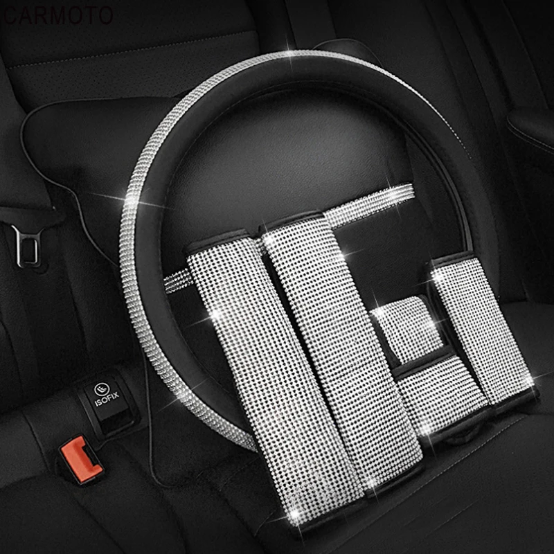 Crystal Bling Car Steering Wheels Cover Rhinestones Crystal Diamond Seat Belt Covers Gear