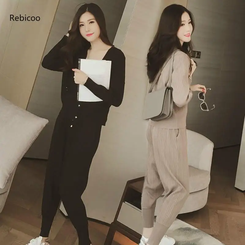 

Knitted Casual Tracksuit Pant Suits 2019 Fashion 2 Piece Set Women Sweater And Trousers Set Pants Set