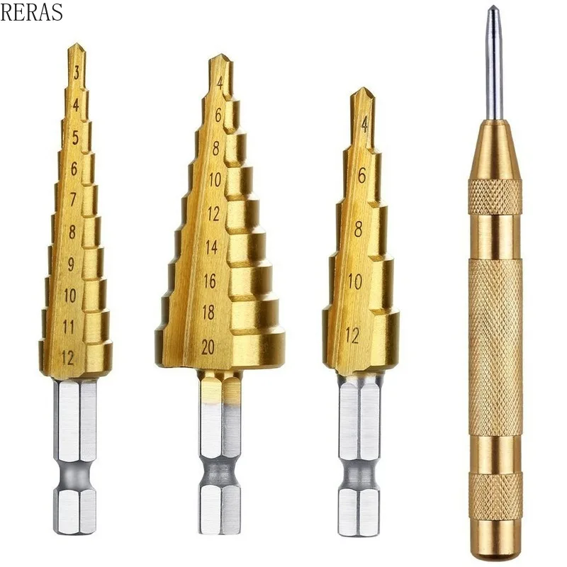 

3 high speed steel titanium step drill sets and 1 automatic center punch step cone drill bit carbide step drill