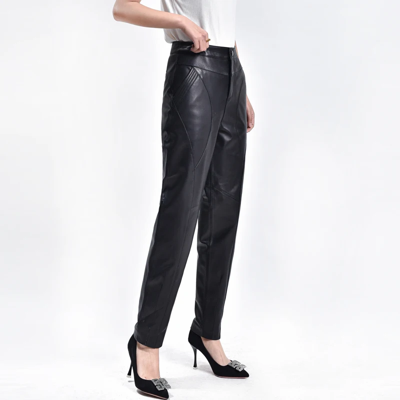 Women's Loose Black Sheepskin Pants, Large Size, High Waist Leather Trousers, Haren Pants, M, 5XL, Autumn, Winter