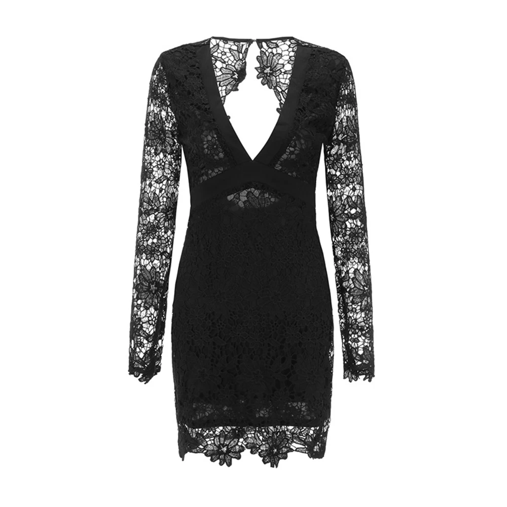 Summer Vestidos Party Sundress Women Sexy Bodycon Backless Knot Mini Dress Ladies V-neck Lace Crochet Long Sleeve Pencil Dresses | Женская