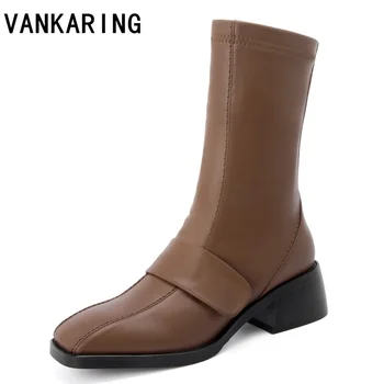 

brand fashion elastic sock boots leather high heels stretch women autumn sexy booties square toe women ankle boots shoes woman